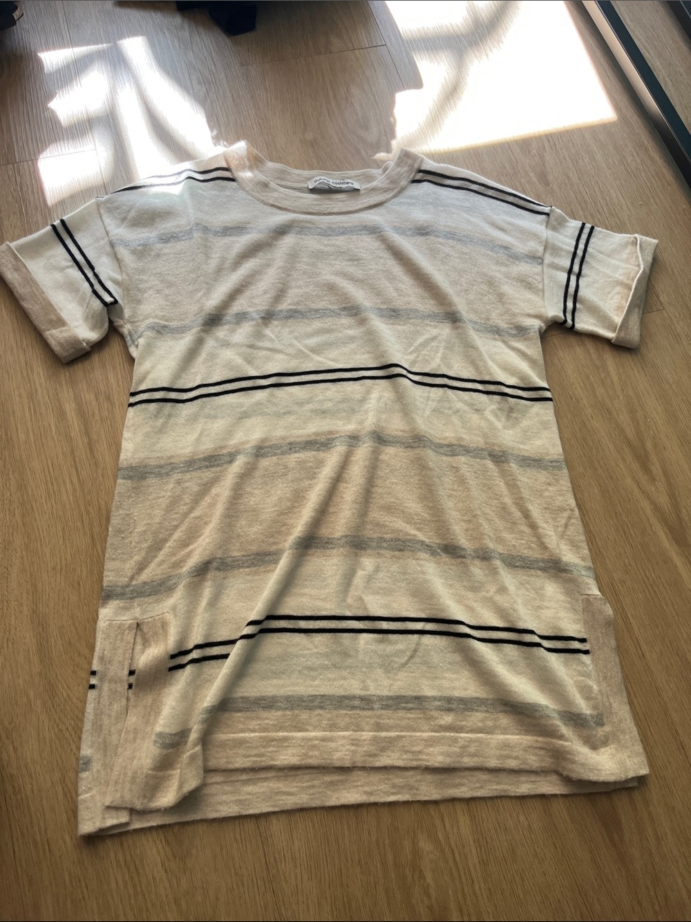 Autumn Cashmere Striped Short Sleeve Knit Top in Cream, Grey, and Black